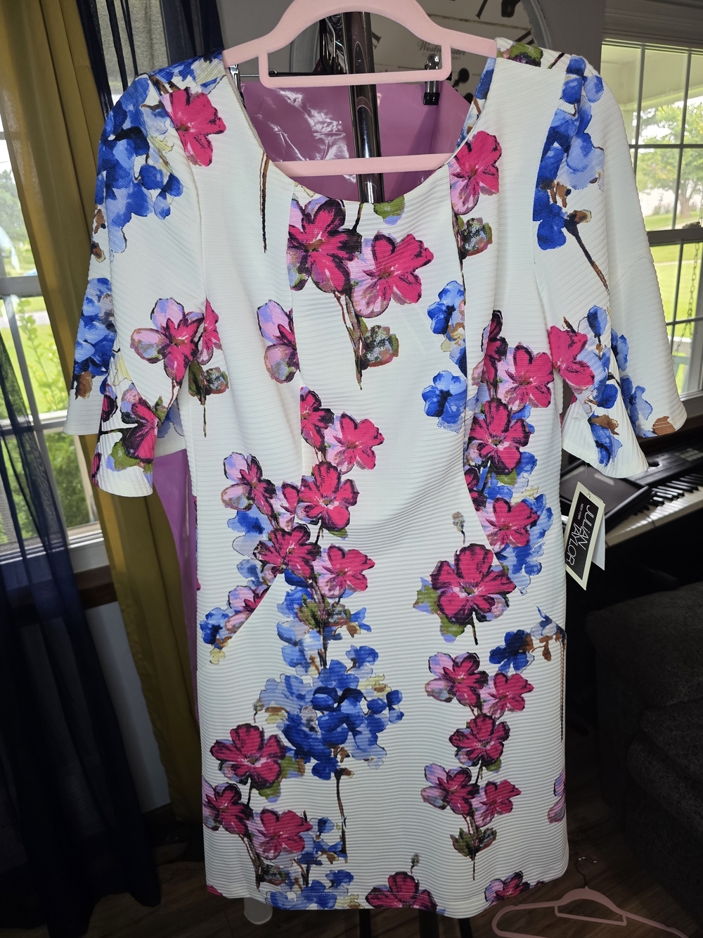 Julian Taylor White Midi Dress with Pink & Blue Floral Print